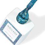 Gel UV Fantasy Gel NailsUp color turquesa con glitter holográfico multicolor para manicuras profesionales.
