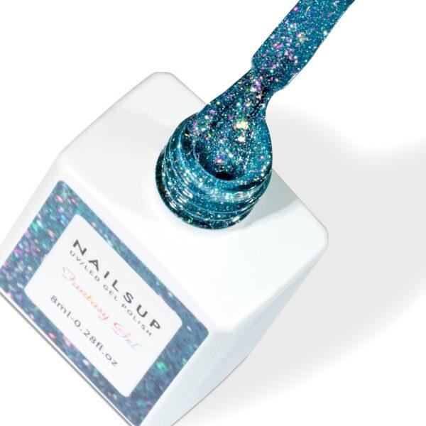 Gel UV Fantasy Gel NailsUp color turquesa con glitter holográfico multicolor para manicuras profesionales.