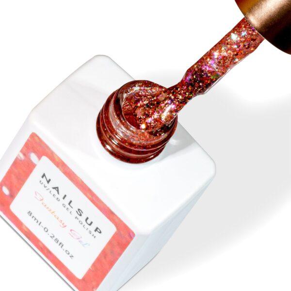 Gel UV Fantasy Gel NailsUp color cobre rosado con glitter holográfico multicolor para nail art profesional.
