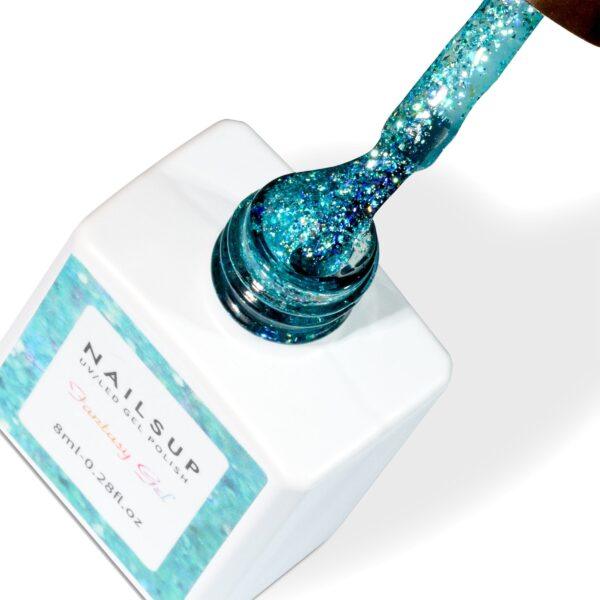 Gel UV Fantasy Gel NailsUp azul turquesa con glitter holográfico brillante para uñas y nail art.