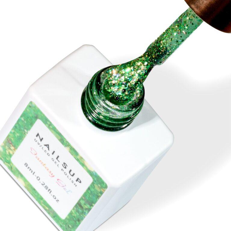 Gel UV Fantasy Gel NailsUp verde esmeralda con glitter holográfico brillante para nail art profesional.