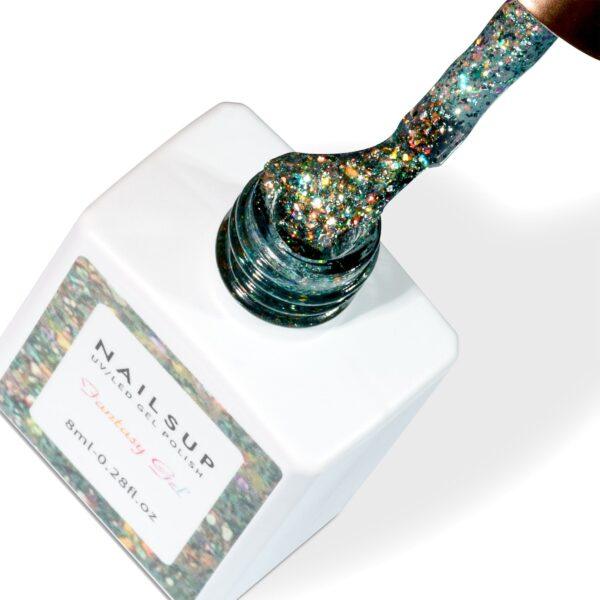 Gel UV Fantasy Gel NailsUp verde agua con glitter holográfico multicolor para uñas profesionales.