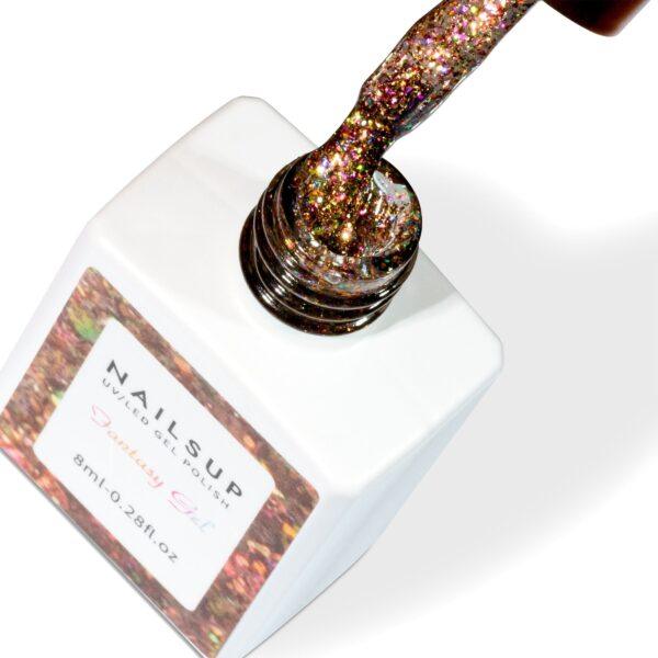 Gel UV Fantasy Gel NailsUp dorado con glitter holográfico multicolor para uñas brillantes y nail art.