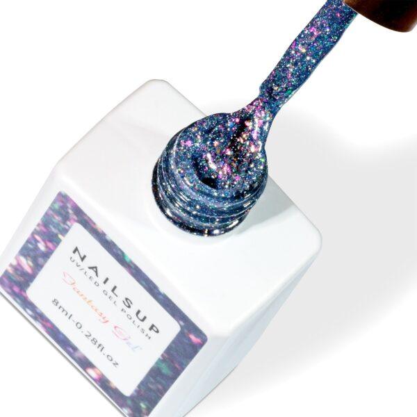 Gel UV Fantasy Gel NailsUp azul holográfico con glitter multicolor brillante para nail art profesional.