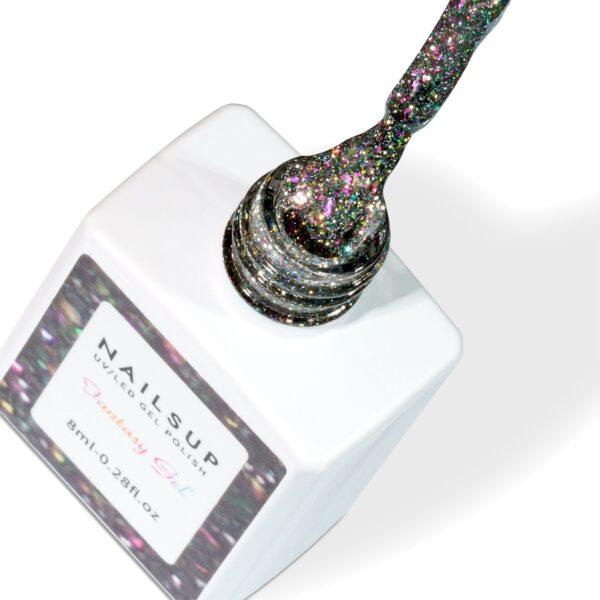 Gel UV Fantasy Gel NailsUp plateado con glitter holográfico multicolor para uñas profesionales.