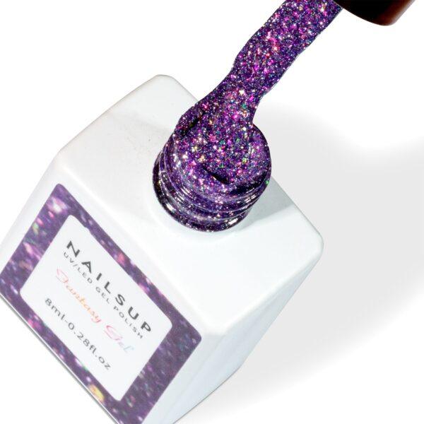 Gel UV Fantasy Gel NailsUp morado con glitter multicolor para manicura y pedicura profesional.
