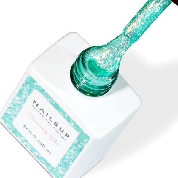 Gel UV Fantasy Gel NailsUp color verde agua glitter con efecto brillante para manicura y pedicura profesional.