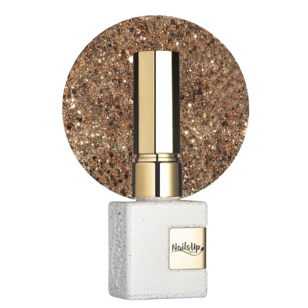 Esmalte semipermanente NailsUp glitter champagne dorado con acabado brillante y efecto glamuroso.