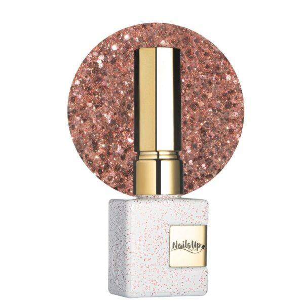 Esmalte semipermanente NailsUp blanco con glitter rose gold y acabado brillante elegante.