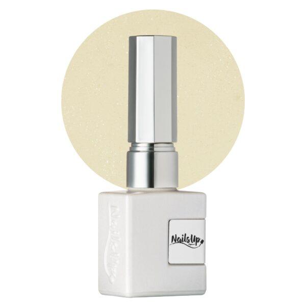 Esmalte semipermanente NailsUp blanco perlado con reflejos shimmer y acabado elegante.