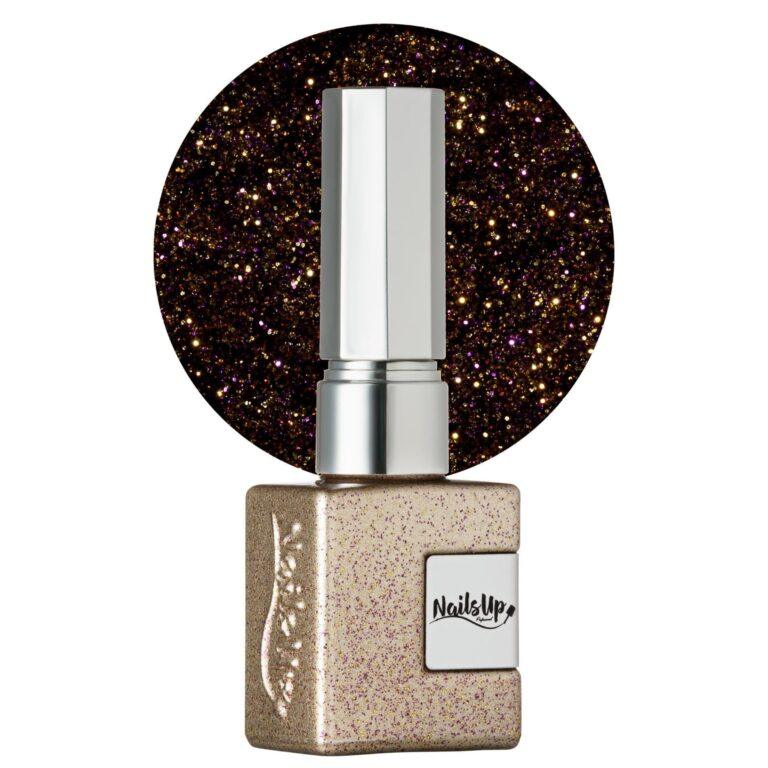 Esmalte semipermanente NailsUp Infinity Gold color champagne con glitter dorado y reflejos brillantes.