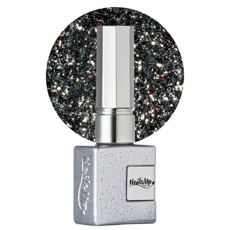 Esmalte semipermanente NailsUp Infinity Silver plateado con glitter reflectante y destellos brillantes.