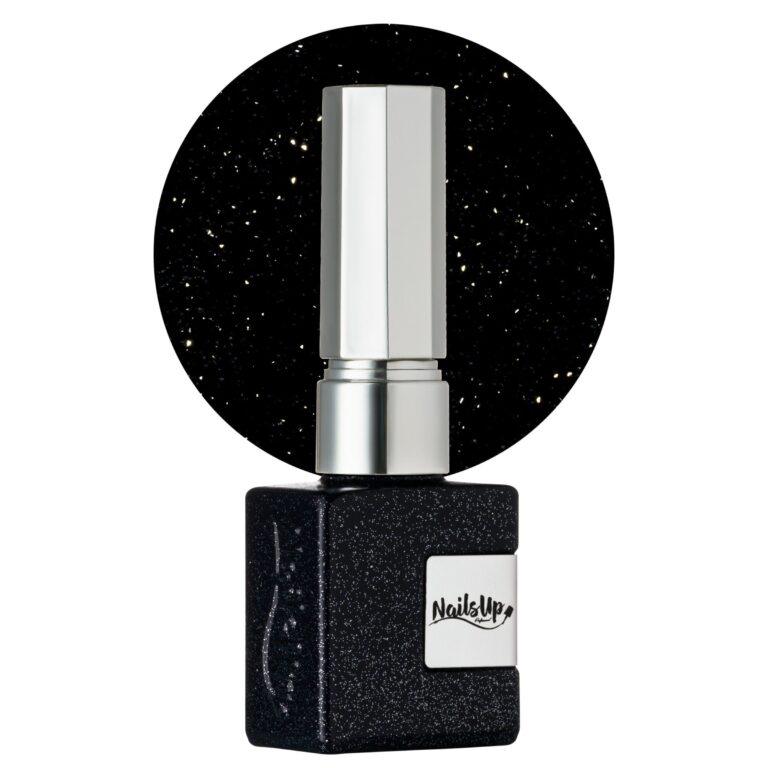 Esmalte semipermanente NailsUp Infinity Black negro con microglitter brillante efecto galaxia.