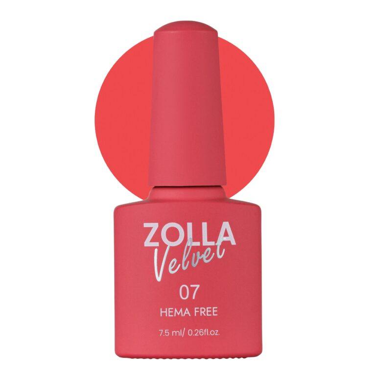 Esmalte semipermanente Zolla Velvet 07 color coral rosa HEMA Free para manicura y pedicura profesional.