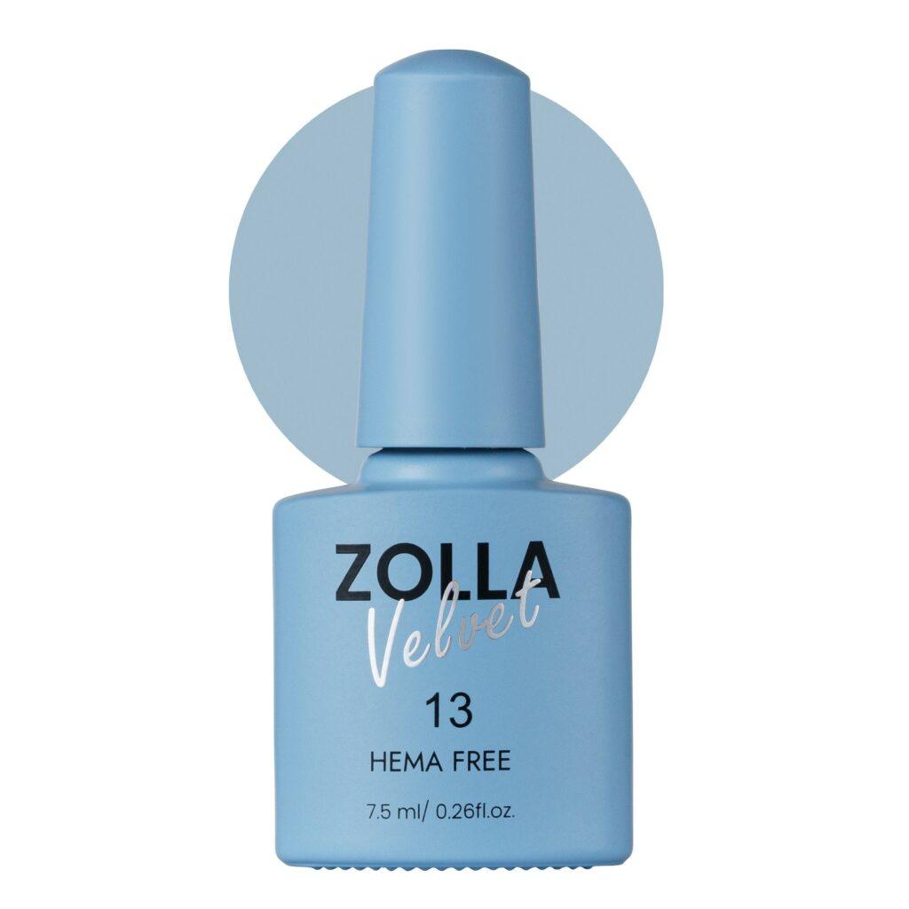 Esmalte semipermanente Zolla Velvet 13 color azul pastel HEMA Free para manicura y pedicura profesional.