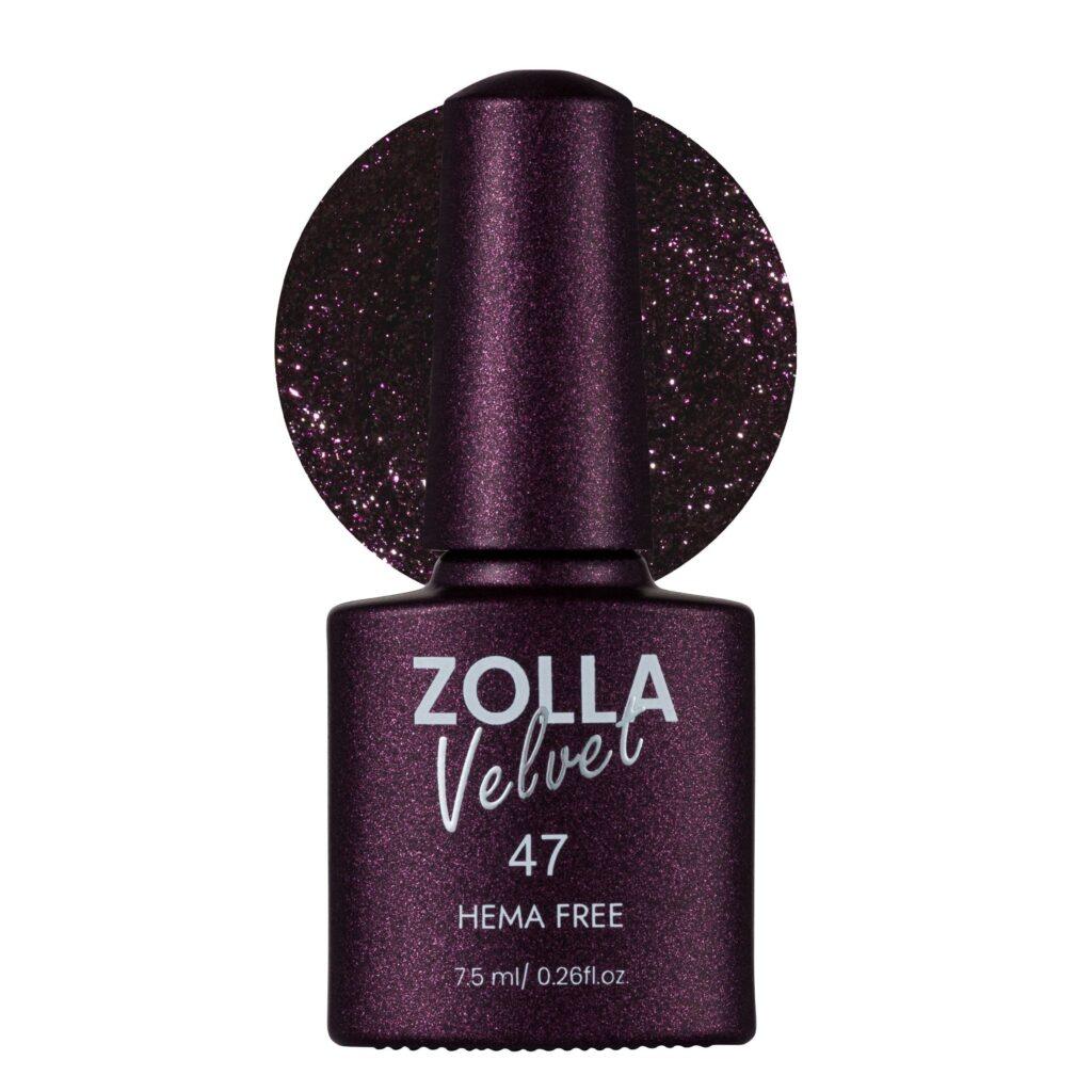 Esmalte semipermanente Zolla Velvet 47 color ciruela con glitter HEMA Free para manicura y pedicura profesional.
