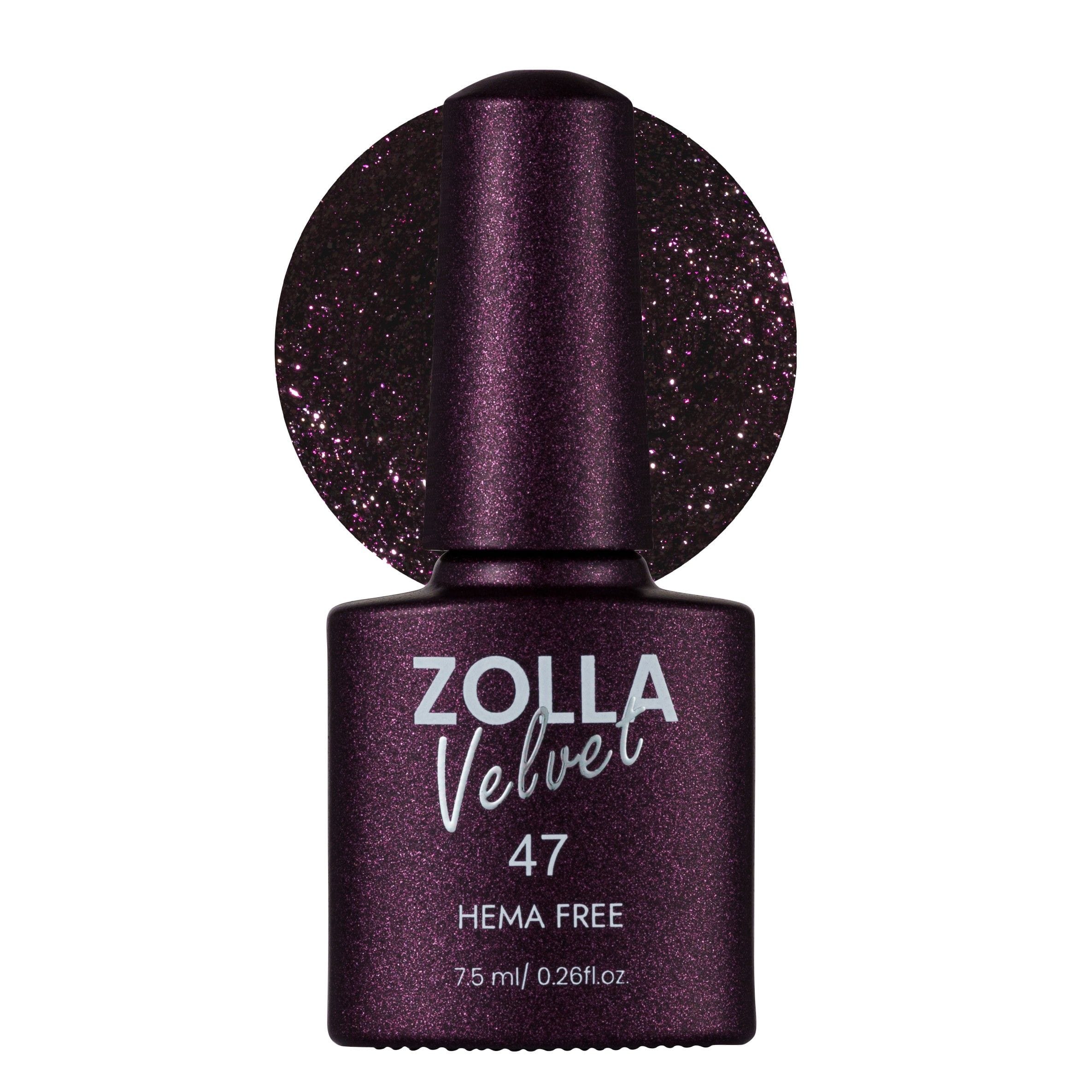 Zolla Velvet 47 HEMA Free – Esmalte Semipermanente Glitter Ciruela Esmalte semipermanente Zolla Velvet 47 color ciruela con glitter HEMA Free para manicura y pedicura profesional.