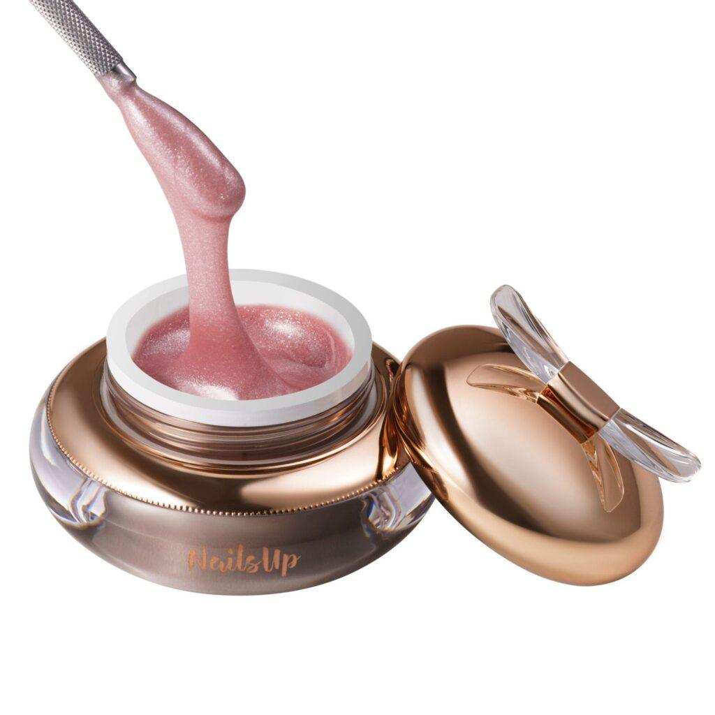 gel UV rosa shimmer NailsUp autonivelante construcción uñas brillo suave