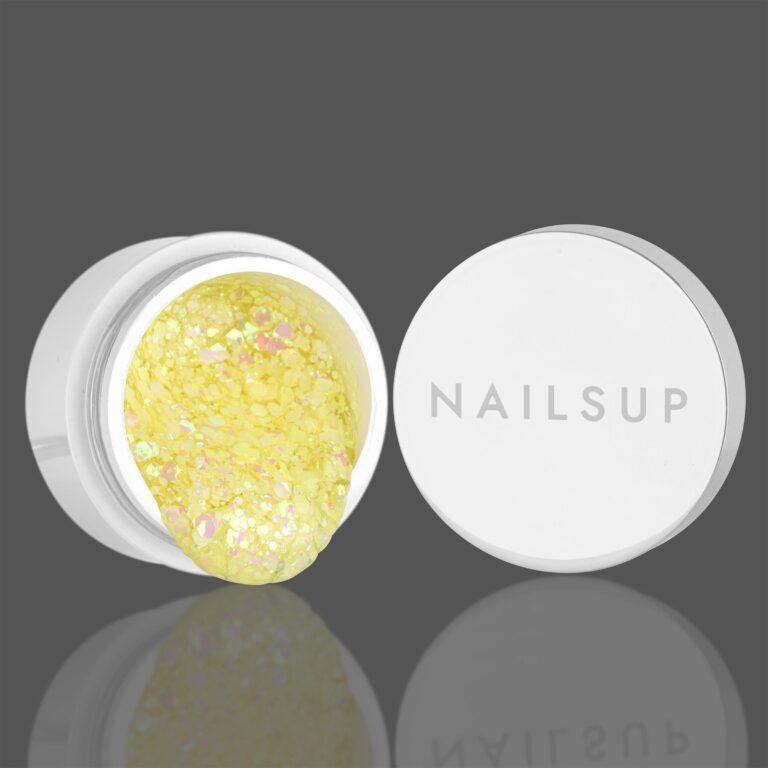 gel uñas amarillo glitter NailsUp brillo iridiscente decoración nail art