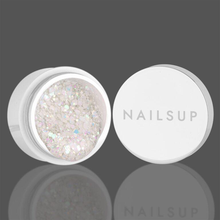 gel uñas blanco glitter NailsUp reflejos iridiscentes decoración nail art