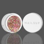 gel uñas rosa glitter NailsUp reflejos iridiscentes decoración nail art