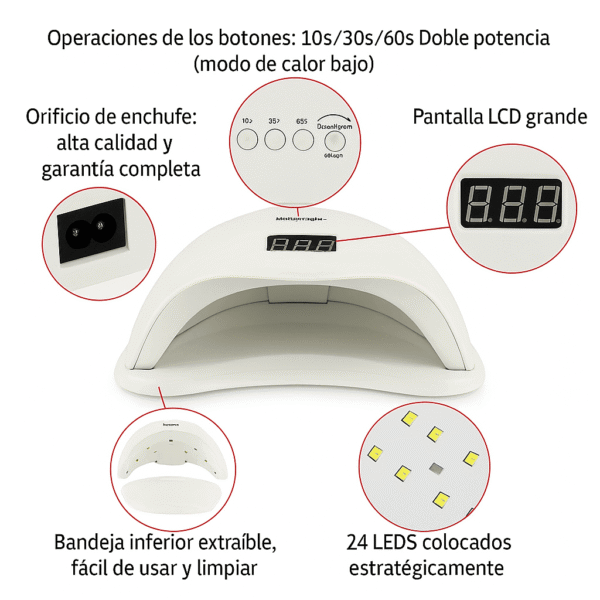 lámpara uñas NailsUp funciones temporizador 10s 30s 60s pantalla LCD base extraíble