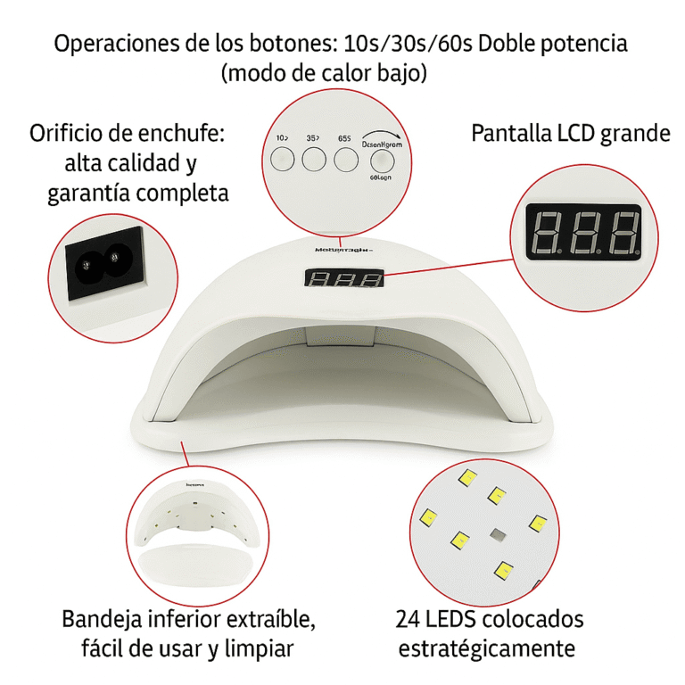 lámpara uñas NailsUp funciones temporizador 10s 30s 60s pantalla LCD base extraíble