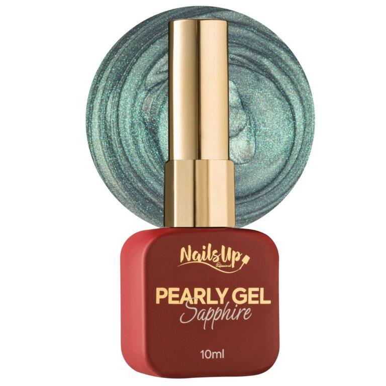 Pearly Gel Sapphire NailsUp 10ml color verde perlado con brillo shimmer para manicura y pedicura profesional.