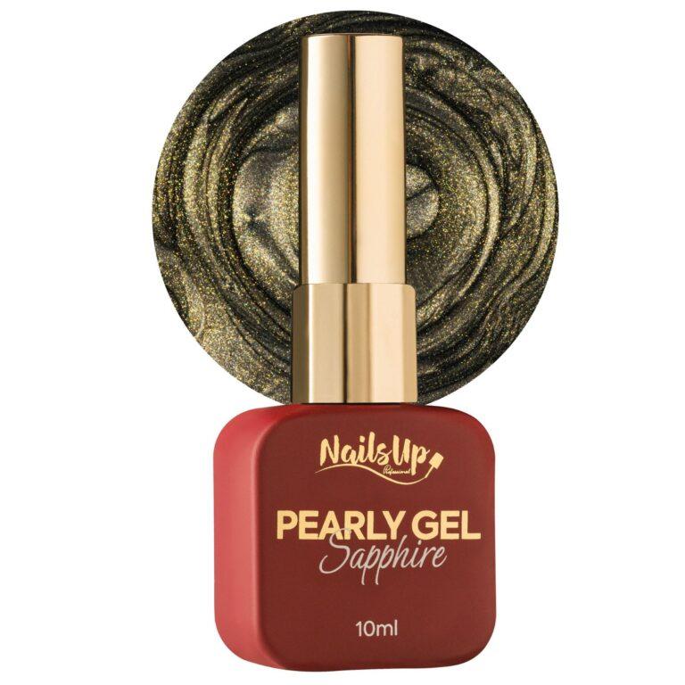 Pearly Gel Sapphire NailsUp 10ml con efecto perlado negro y reflejos dorados para manicura y pedicura profesional.