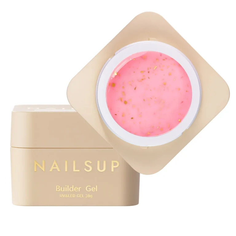 builder gel rosa pastel con flakes dorados nailsup gel constructor decorativo uv led
