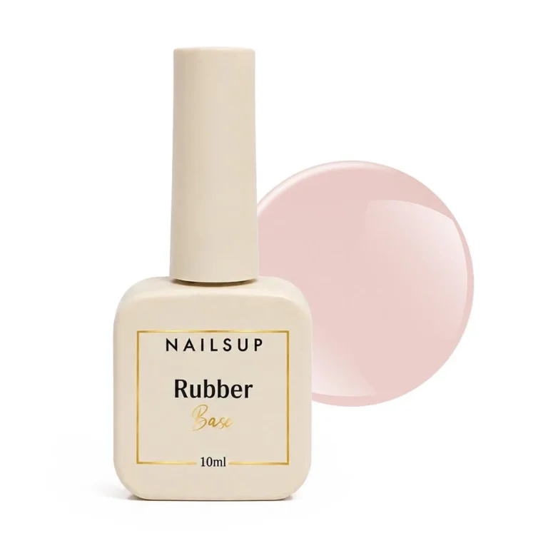 Frasco de Rubber Base NAILSUP Nova N02 de 10 ml junto a una muestra de color rosa claro.