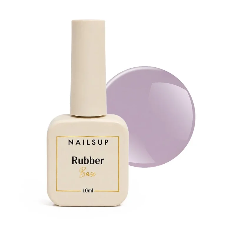 Frasco de Rubber Base NAILSUP Nova N03 de 10 ml junto a una muestra de color lila