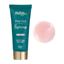 Tubo de Polygel NAILSUP Supreme 05 Nude junto a una muestra de color nude rosado.