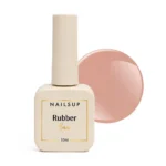 Frasco de Rubber Base NAILSUP Nova N07 de 10 ml junto a una muestra de tono rosa nude