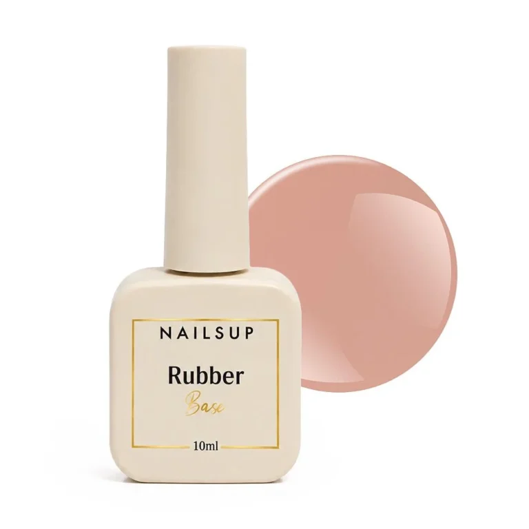 Frasco de Rubber Base NAILSUP Nova N07 de 10 ml junto a una muestra de tono rosa nude