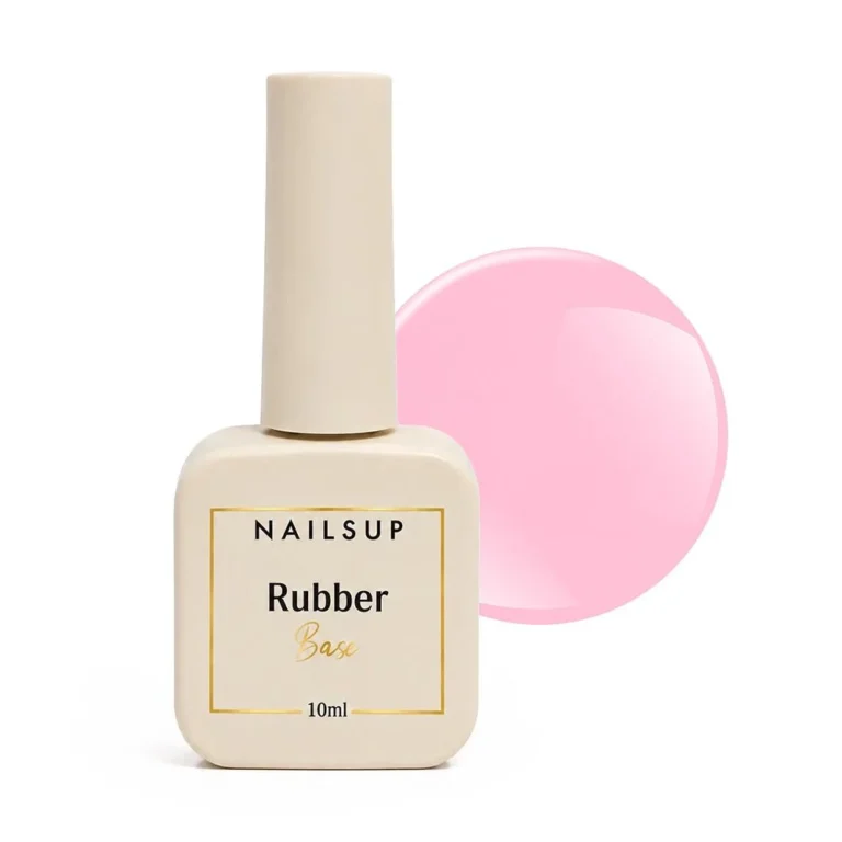 Frasco de Rubber Base NAILSUP Nova N08 de 10 ml junto a una muestra de color rosa pastel