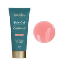Tubo de Polygel NAILSUP Supreme 025 junto a una muestra de color rosa coral.