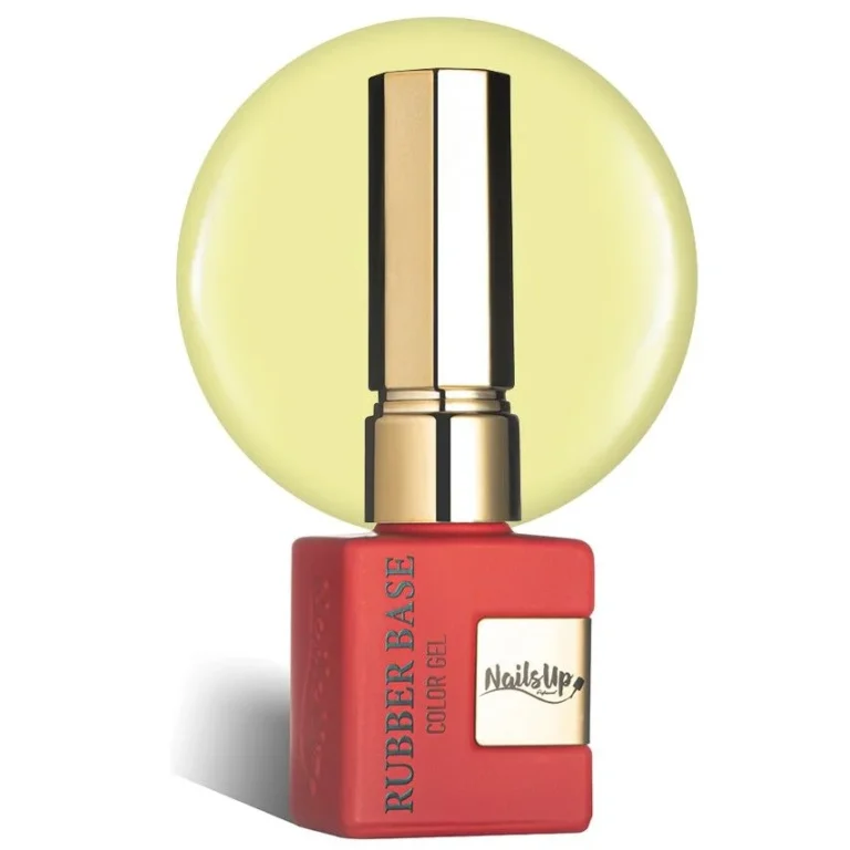 Frasco de Rubber Base NAILSUP Nauru 24 de 8 ml con tapón dorado y muestra de color amarillo claro.