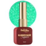 Frasco de Rubber Base NAILSUP Sapphire Flakes 017 de 10 ml junto a una muestra verde turquesa con escamas decorativas.