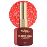Frasco de Rubber Base NAILSUP Sapphire Flakes 021 de 10 ml con tapón dorado y muestra de color rojo con escamas decorativas.