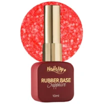 Frasco de Rubber Base NAILSUP Sapphire Flakes 021 de 10 ml con tapón dorado y muestra de color rojo con escamas decorativas.