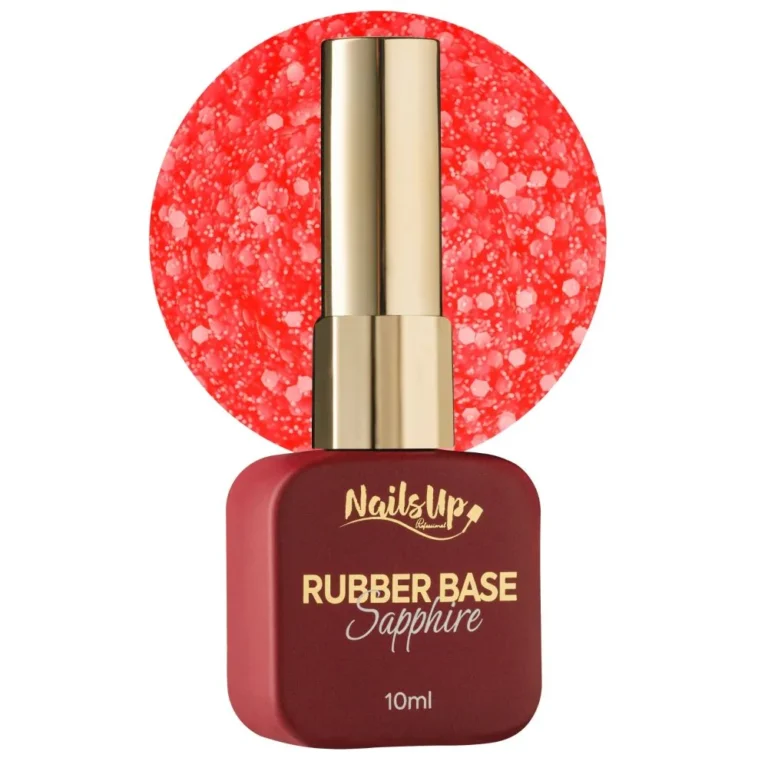 Frasco de Rubber Base NAILSUP Sapphire Flakes 021 de 10 ml con tapón dorado y muestra de color rojo con escamas decorativas.