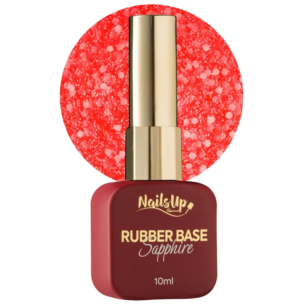 Rubber Base NAILSUP Sapphire Flakes 021, 10 ml – Rojo con escamas Frasco de Rubber Base NAILSUP Sapphire Flakes 021 de 10 ml con tapón dorado y muestra de color rojo con escamas decorativas.