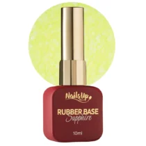Frasco de Rubber Base NAILSUP Sapphire Flakes 023 de 10 ml junto a una muestra amarillo lima con escamas decorativas