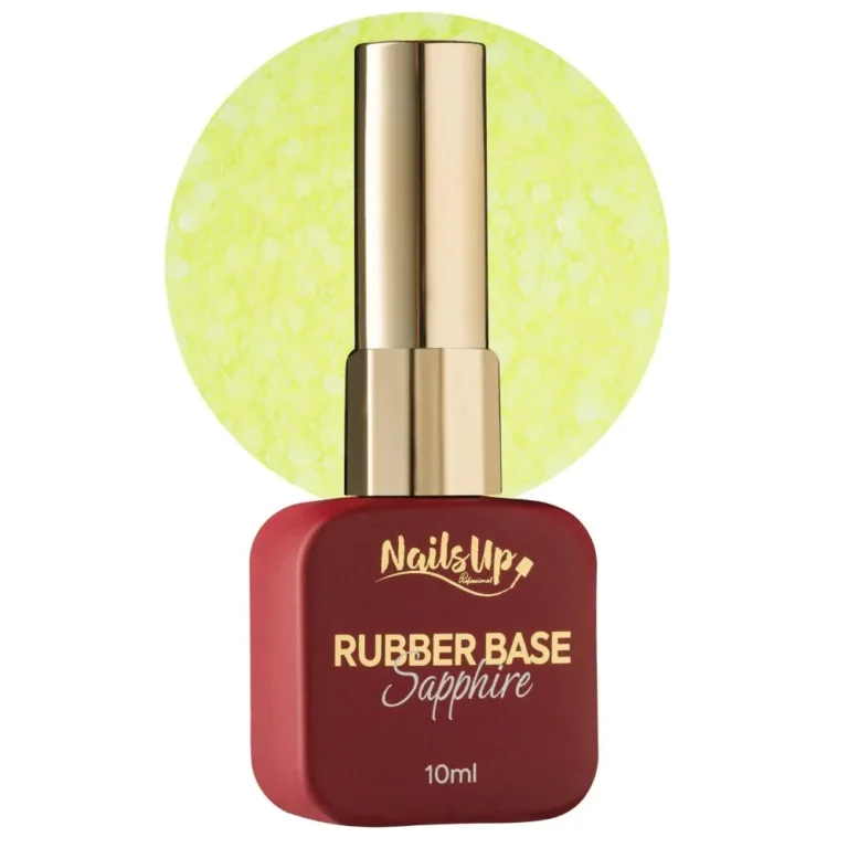 Frasco de Rubber Base NAILSUP Sapphire Flakes 023 de 10 ml junto a una muestra amarillo lima con escamas decorativas
