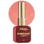 Frasco de Rubber Base NAILSUP Sapphire Flakes 03 de 10 ml con tapón dorado y muestra de color coral con escamas decorativas.