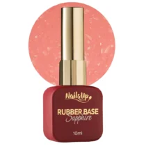 Frasco de Rubber Base NAILSUP Sapphire Flakes 03 de 10 ml con tapón dorado y muestra de color coral con escamas decorativas.