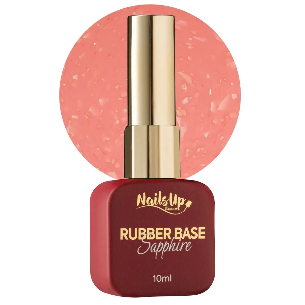 Rubber Base NAILSUP Sapphire Flakes 03, 10 ml – Coral con escamas Frasco de Rubber Base NAILSUP Sapphire Flakes 03 de 10 ml con tapón dorado y muestra de color coral con escamas decorativas.