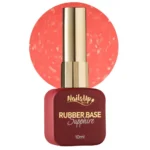 Frasco de Rubber Base NAILSUP Sapphire Flakes 07 de 10 ml junto a una muestra de color coral con escamas decorativas.