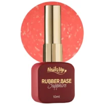 Frasco de Rubber Base NAILSUP Sapphire Flakes 07 de 10 ml junto a una muestra de color coral con escamas decorativas.